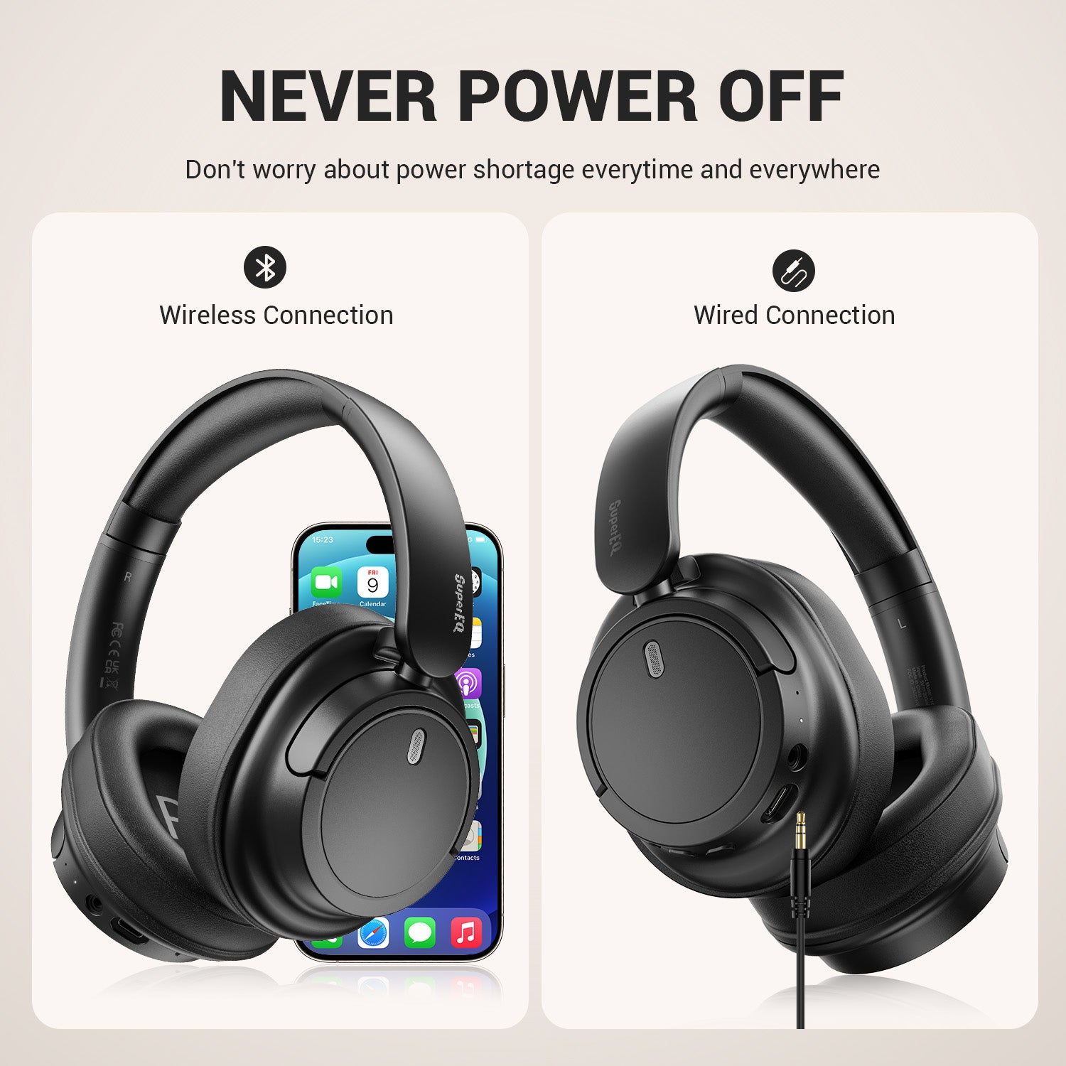 SuperEQ V16 Hi-Res Over Ear Headset Bluetooth 5.3  With Mic Bass/Pop Mode Foldable