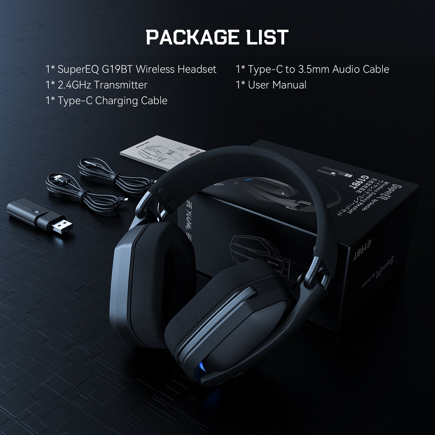 SuperEQ G19BT Wireless RGB Gaming Headset with Mic USB /type C Transmitter for PS5/PS4/PC /phone